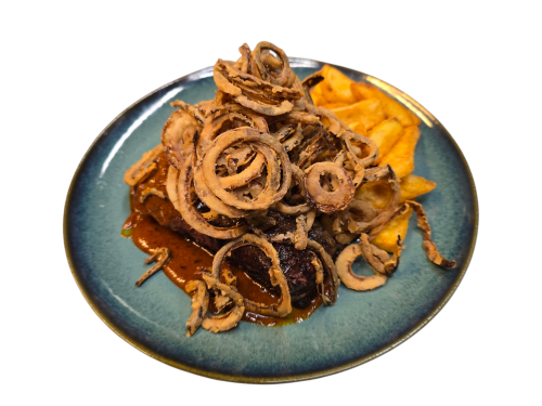 Hagymás rostélyos steakburgonyával